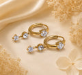 Gold Triple Crystal Drop Hoop Earrings
