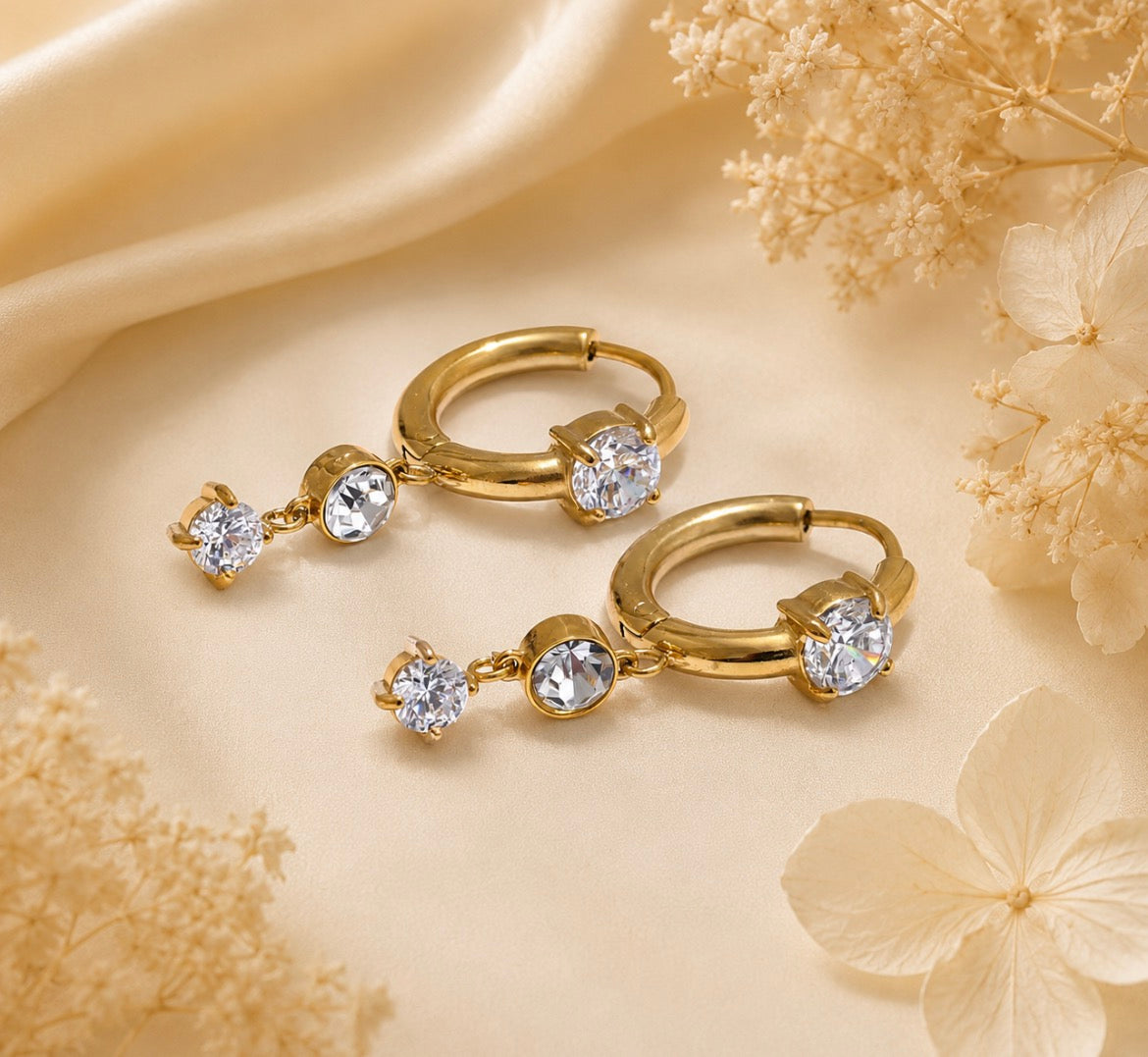 Gold Triple Crystal Drop Hoop Earrings