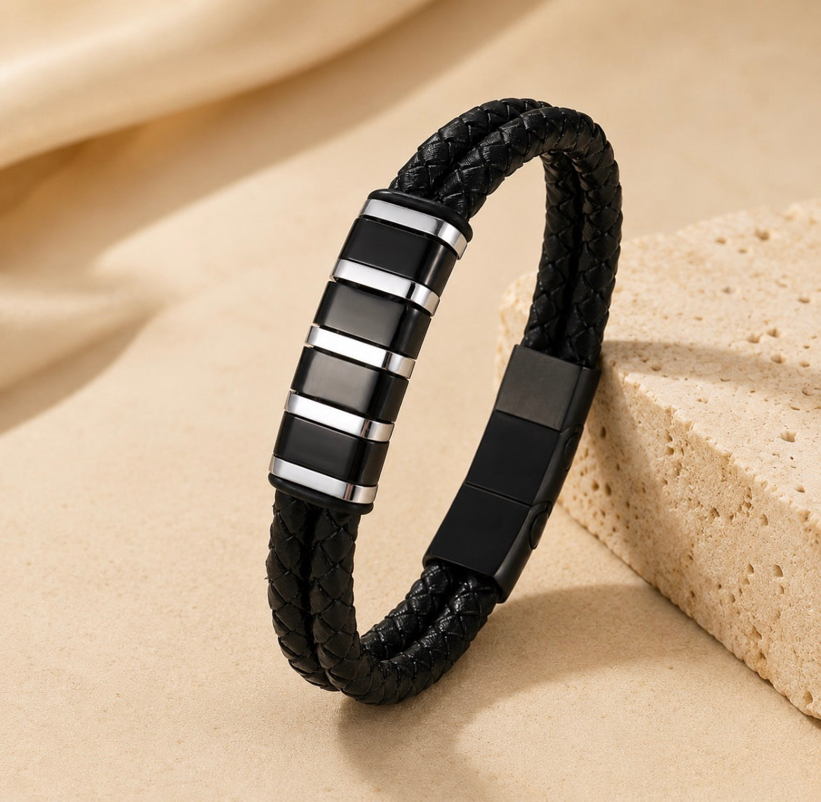 Men’s Braided Leather Bracelet – Black & Silver