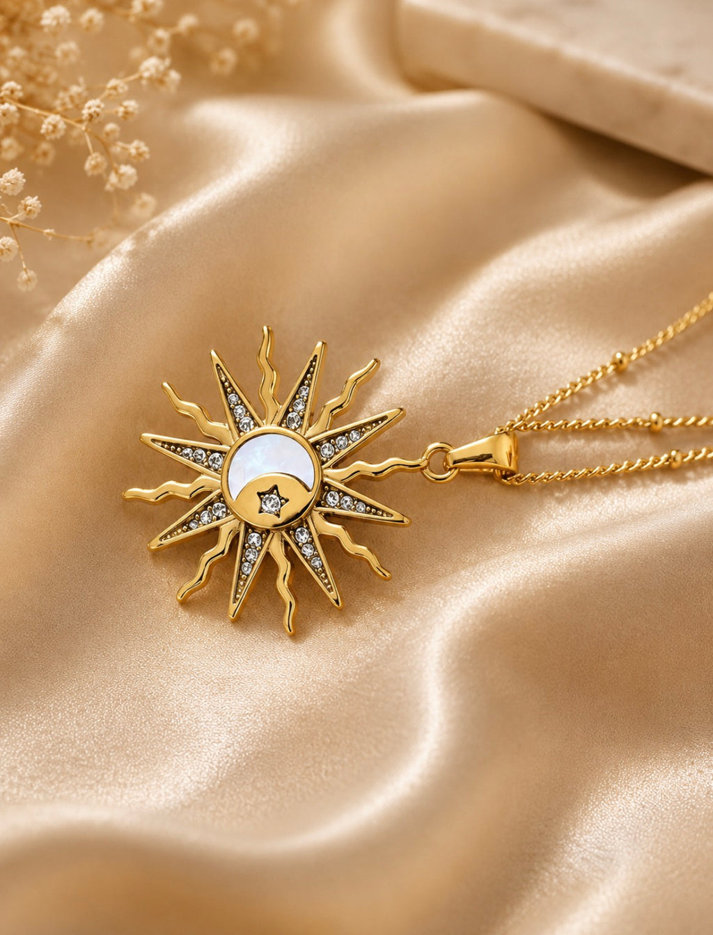 Sun & Moon Pendant Necklace – Gold Plated Stainless Steel