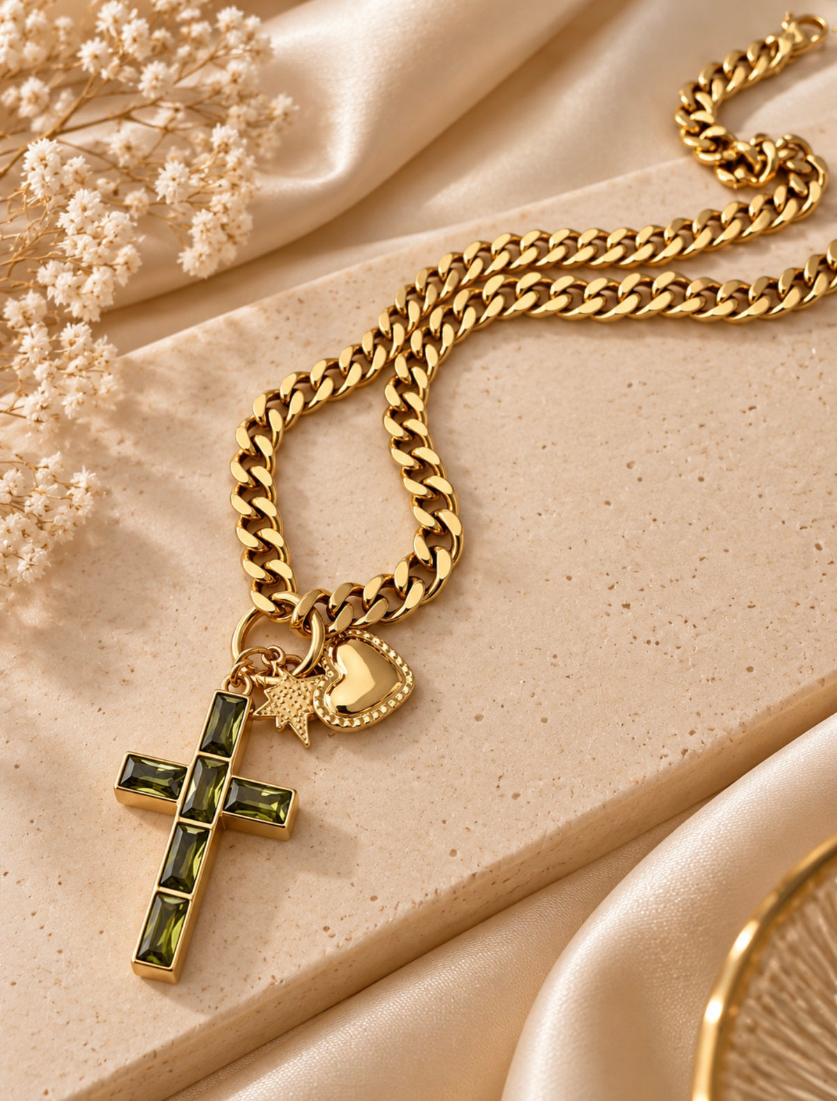 Green Crystal Cross & Heart Charm Necklace