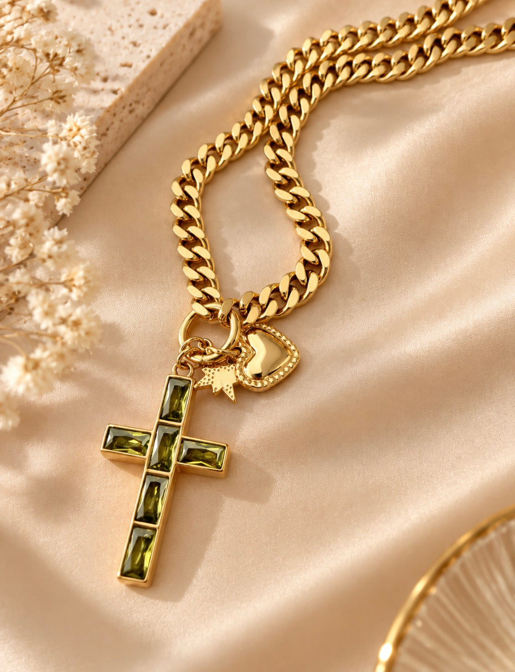 Green Crystal Cross & Heart Charm Necklace