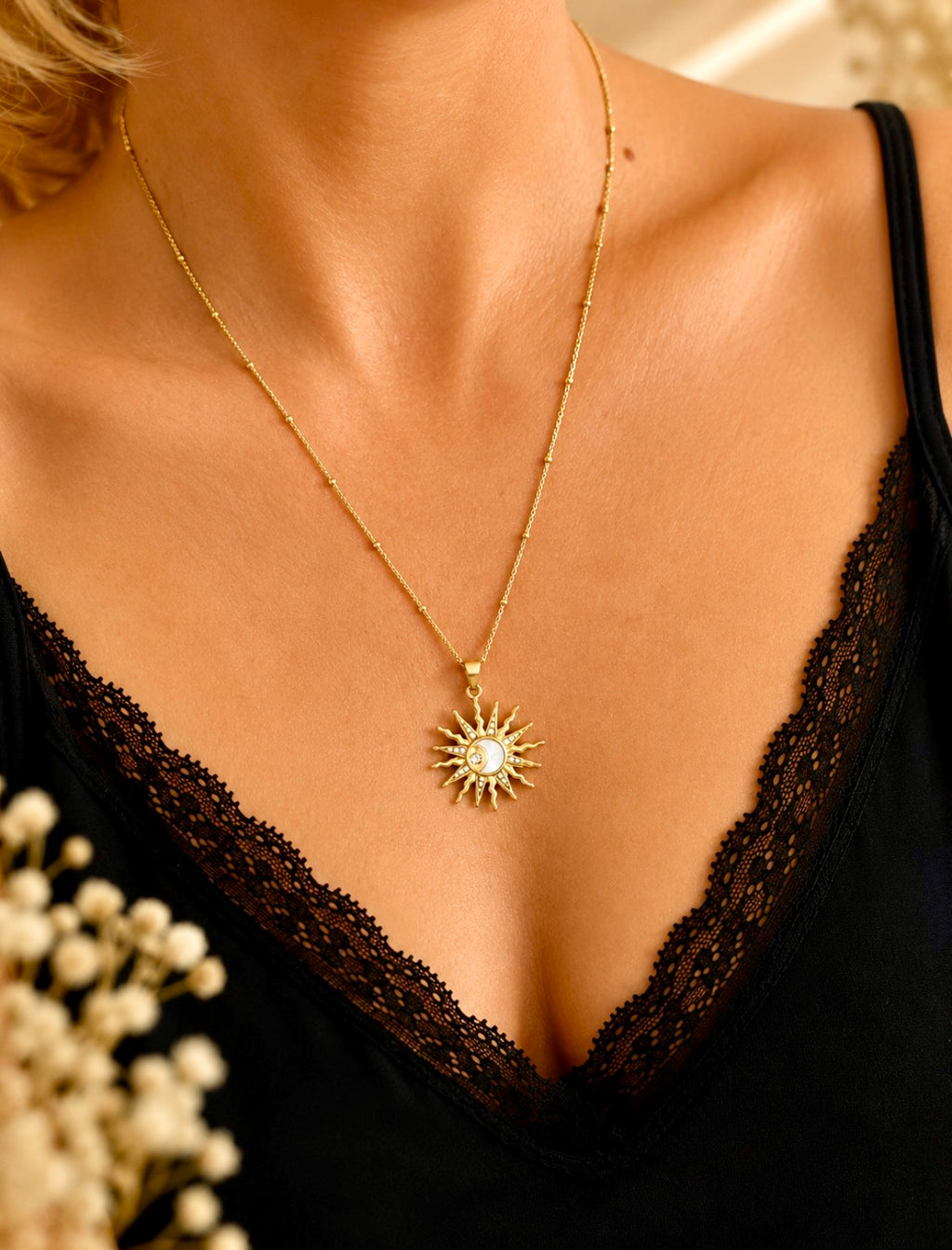 Sun & Moon Pendant Necklace – Gold Plated Stainless Steel