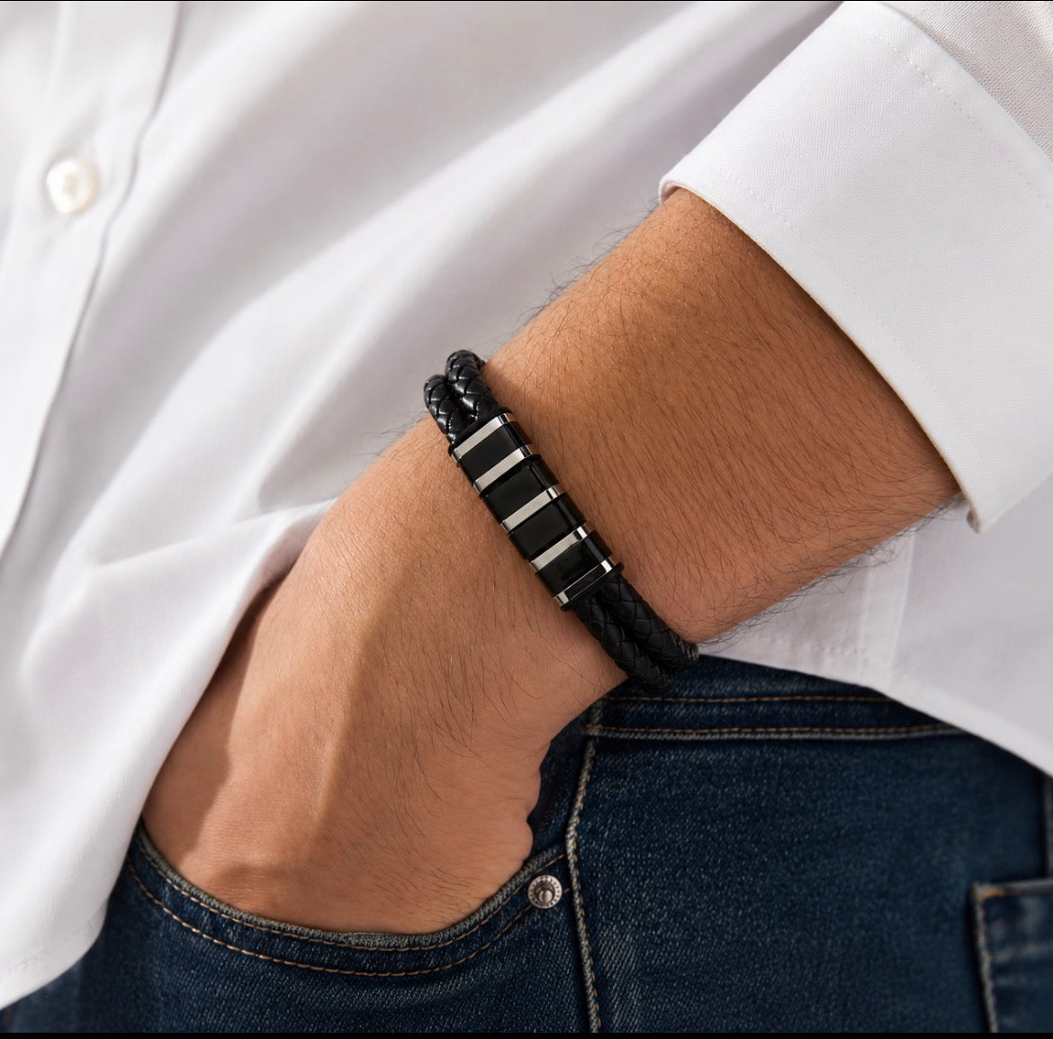 Men’s Braided Leather Bracelet – Black & Silver