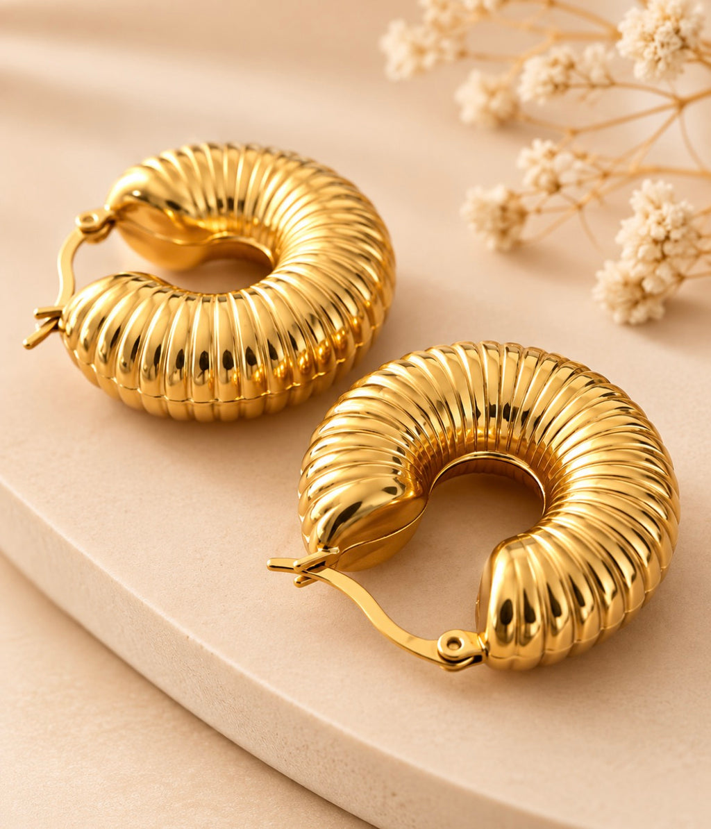 Chunky Ribbed Gold Hoop Earrings