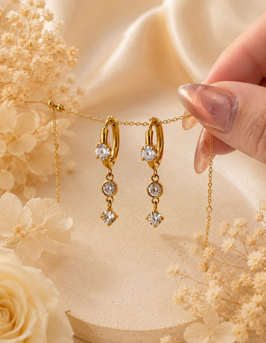 Gold Triple Crystal Drop Hoop Earrings