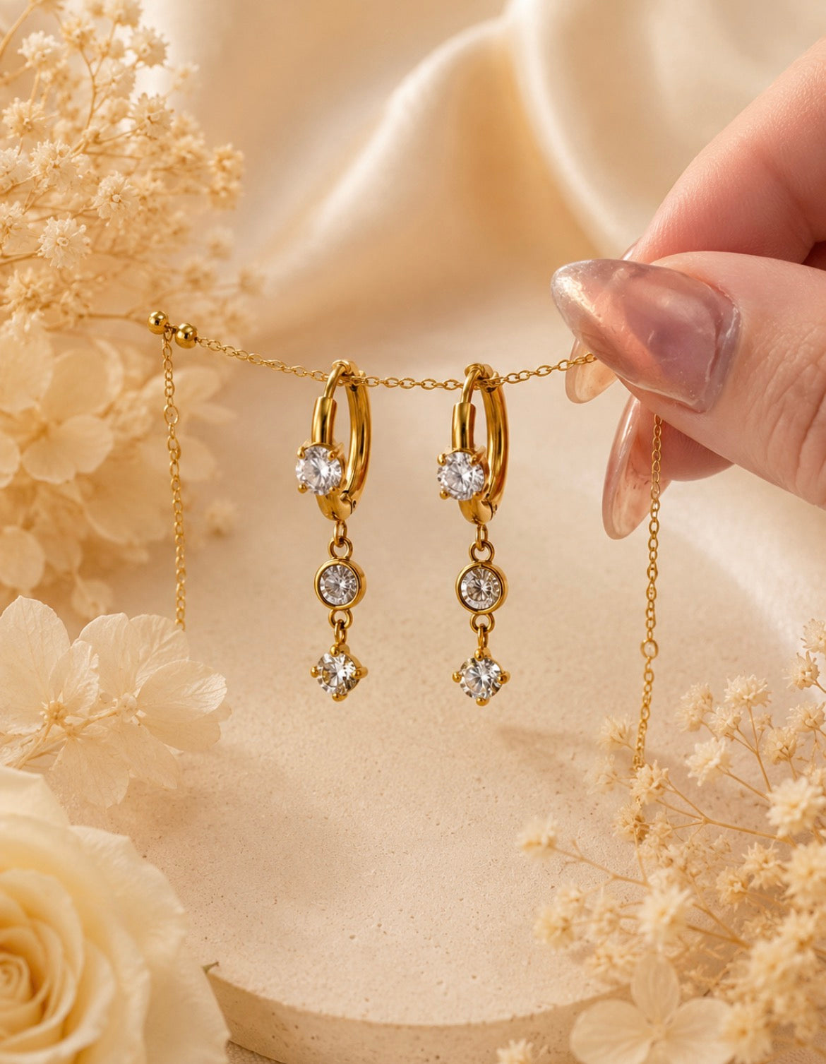 Gold Triple Crystal Drop Hoop Earrings